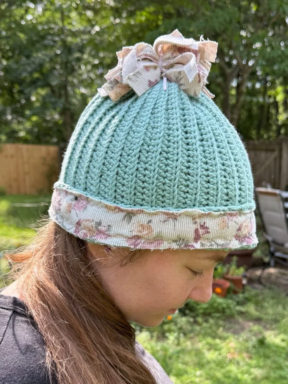 Hand-Crocheted Green Beanie Hat with Upcycled Floral Trim & Scrappy Pom-Pom